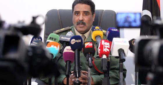 Brigadier Ahmed al-Mesmari, spokesman of the self-proclaimed Libyan National Army loyal to Khalifa Haftar, speaks during a press conference in his office in Benghazi on April 8, 2019. 