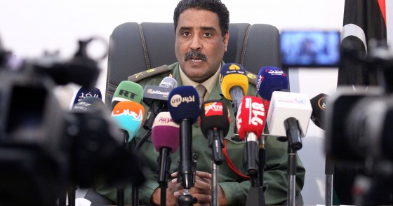 Brigadier Ahmed al-Mesmari, spokesman of the self-proclaimed Libyan National Army loyal to Khalifa Haftar, speaks during a press conference in his office in Benghazi on April 8, 2019.