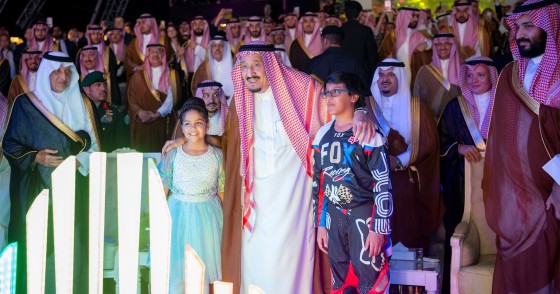 Saudi Arabian King Salman bin Abdulaziz Al Saud (2nd R) and Crown Prince and Defense Minister of Saudi Arabia Mohammad bin Salman al-Saud (R) attend the opening ceremony of the Qiddiya project, which is planned to be Saudi Arabia's biggest cultural, sports and entertainment site, in Riyadh, Saudi Arabia on April 28, 2018.