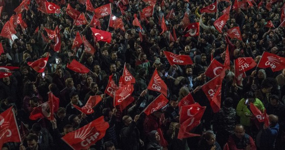 People wait outside of the Republican People's Party (CHP) Headquarters after voting ended for the local elections in Ankara, Turkey on April 01, 2019.