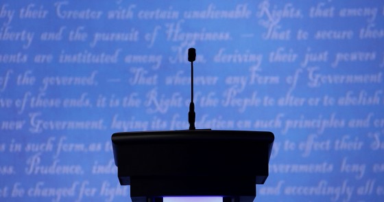 A candidates podium seen prior to the start of the third U.S. presidential debate at the Thomas & Mack Center on October 19, 2016 in Las Vegas, Nevada.