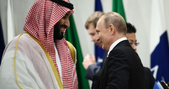 Saudi Arabia's Crown Prince Mohammed bin Salman and Russia's President Vladimir Putin attend a meeting at the G20 Summit in Osaka on June 28, 2019. (Photo by Brendan Smialowski / AFP) (Photo credit should read BRENDAN SMIALOWSKI/AFP/Getty Images)