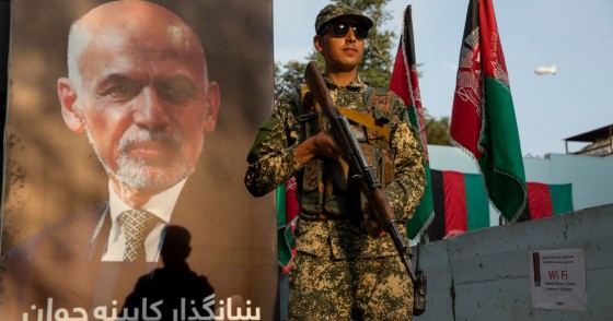 Security stands guard at the Ghani headquarters on September 29, 2019 in Kabul, Afghanistan.