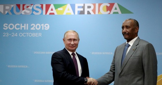 Russias President Vladimir Putin and the Chairman of the Sovereignty Council of Sudan, Abdel Fattah al-Burhan shake hands during a meeting on sidelines of the 2019 Russia-Africa Economic Forum at the Sirius Park of Science and Art.