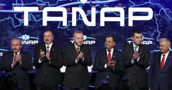Turkish President Recep Tayyip Erdogan (3rd L) and Azerbaijani President Ilham Aliyev (2nd L) attend the opening ceremony of the TANAP-Europe connection in Ipsala district of Edirne, Turkey on November 30, 2019.