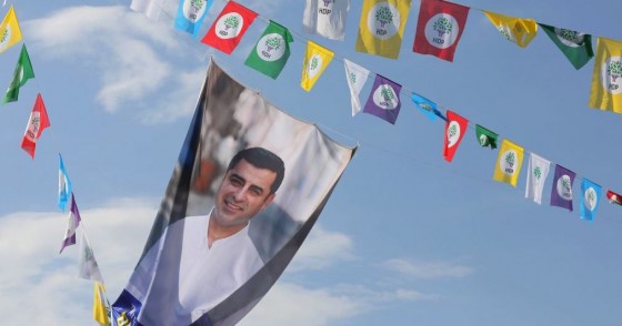 A picture shows election flags displaying imprisoned Selahattin Demirtas, Presidential candidate and leader of People's Democratic Party (HDP) in Ankara, on June 19, 2018.