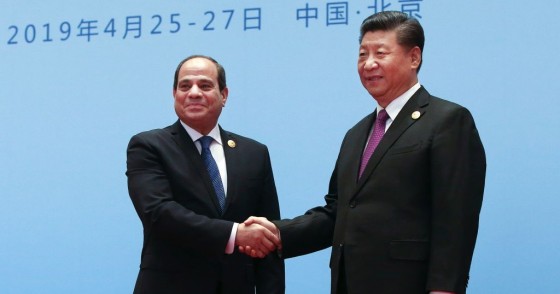 China's President Xi Jinping (R) welcomes Egypt's President Abdel Fattah el-Sisi at the Second Belt and Road Forum.