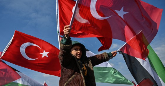 Young boy waves flag for Turkey and Palestine