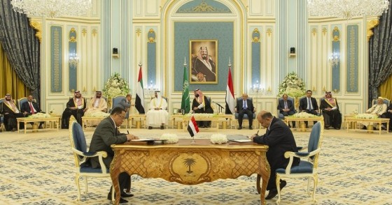 Yemeni Deputy Prime Minister Ahmed Saeed al-Khanbashi (R) and Southern Transitional Council (STC) representative Nasser al-Habci (L) are seen during a signing ceremony of 'Riyadh Agreement' between the Yemeni government and the United Arab Emirates (UAE)-backed separatist forces, Southern Transitional Council (STC) in Riyadh, Saudi Arabia on November 05, 2019.