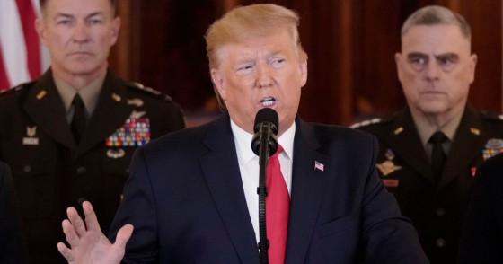  President Donald Trump speaks from the White House on January 08, 2020 in Washington, DC. During his remarks, Trump addressed the Iranian missile attacks that took place last night in Iraq and said, “As long as I am president of the United States, Iran will never be allowed to have a nuclear weapon.” 