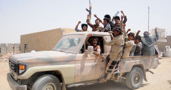 Houthi fighters gather on a vehicle in a recently captured area following heavy fighting with forces loyal to the internationally recognized government on March 2, 2020 in Al-Jawf province, Yemen. 