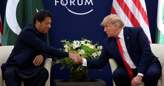 US President Donald Trump (R) shakes hands with Pakistani Prime Minister Imran Khan ahead of their meeting at the World Economic Forum in Davos, on January 21, 2020. (Photo by JIM WATSON / AFP) (Photo by JIM WATSON/AFP via Getty Images)
