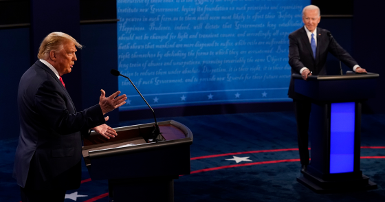 President Donald Trump answers a question as Democratic presidential candidate former Vice President Joe Biden listens during the second and final presidential debate at Belmont University on October 22, 2020 in Nashville, Tennessee. This is the last debate between the two candidates before the election on November 3.