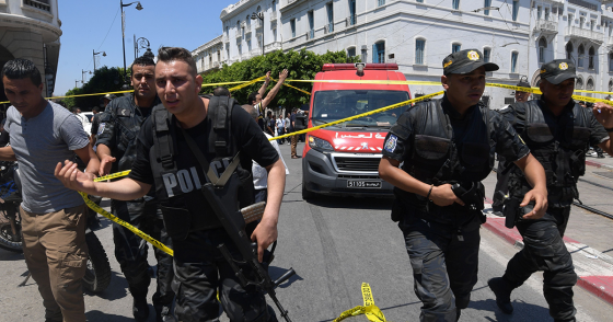 A suicide attack targeted police on the main street of Tunisia's capital morning, wounding a civilian and several police personnel, a police officer at the scene told AFP. (Photo by Fethi Belaid / AFP) (Photo credit should read FETHI BELAID/AFP via Getty Images)