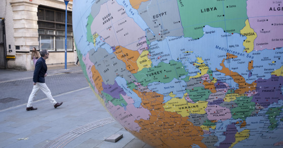 The Middle East and Europe are seen upside down on the public art sculpture The World Turned Upside Down by artist Mark Wallinger on 6th December 2022 in London, United Kingdom. Photo by Mike Kemp/In Pictures via Getty Images