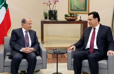 Lebanon's President Michel Aoun (L) meets with prime minister designate Hassan Diab at the presidential palace in Baabda, east of the capital Beirut, on January 21, 2020.
