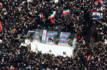 A drone photo shows thousands of Iranians attend the funeral ceremony of Qasem Soleimani, commander of Iranian Revolutionary Guards' Quds Forces, who was killed in a U.S. drone airstrike in Iraq, in Tehran, Iran on January 06, 2020.
