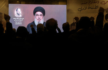 05 January 2024, Lebanon, Baalbek: Secretary General of pro-Iranian Hezbollah Hassan Nasrallah addresses his supporters through a televised speech in the city of Baalbeck. Photo: Marwan Naamani/dpa (Photo by Marwan Naamani/picture alliance via Getty Images)