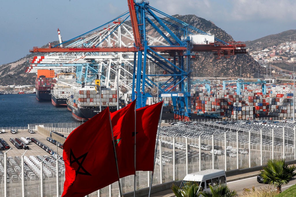 This picture taken on June 28, 2019 shows a view of container cranes at terminal I of the Tanger Med port in the northern city of Tangiers on the Strait of Gibraltar