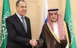 Russia's Foreign Minister Sergei Lavrov and Saudi Arabia's Foreign Minister Adel al-Jubeir shake hands during a meeting in Riyadh.
