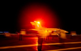 An F/A-18E Super Hornet from Strike Fighter Squadron 86 launches from the flight deck of the Nimitz-class aircraft carrier USS Abraham Lincoln May 10, 2019 in the Red Sea.