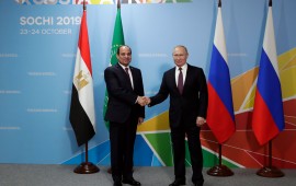 Russian President Vladimir Putin (R) meets with his Egyptian counterpart Abdel Fattah el-Sisi on the sidelines of the 2019 Russia-Africa Summit in Sochi on October 23, 2019. (Photo by Mikhail METZEL / SPUTNIK / AFP) (Photo by MIKHAIL METZEL/SPUTNIK/AFP via Getty Images)