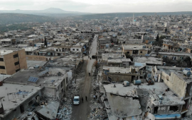 An aerial view taken on December 8, 2019 shows the damage caused by reported Syrian regime and Russian air strikes the previous day in the town of Al-Bara in the south of Syria's Idlib province, that killed at least four civilans, including a child and wounding several others. 