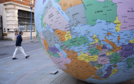 The Middle East and Europe are seen upside down on the public art sculpture The World Turned Upside Down by artist Mark Wallinger on 6th December 2022 in London, United Kingdom. Photo by Mike Kemp/In Pictures via Getty Images